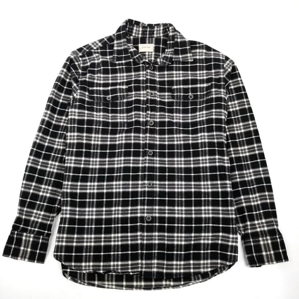 Jachs Black White Plaid Cotton Flannel Long Sleeve Button Down Shirt Jacket